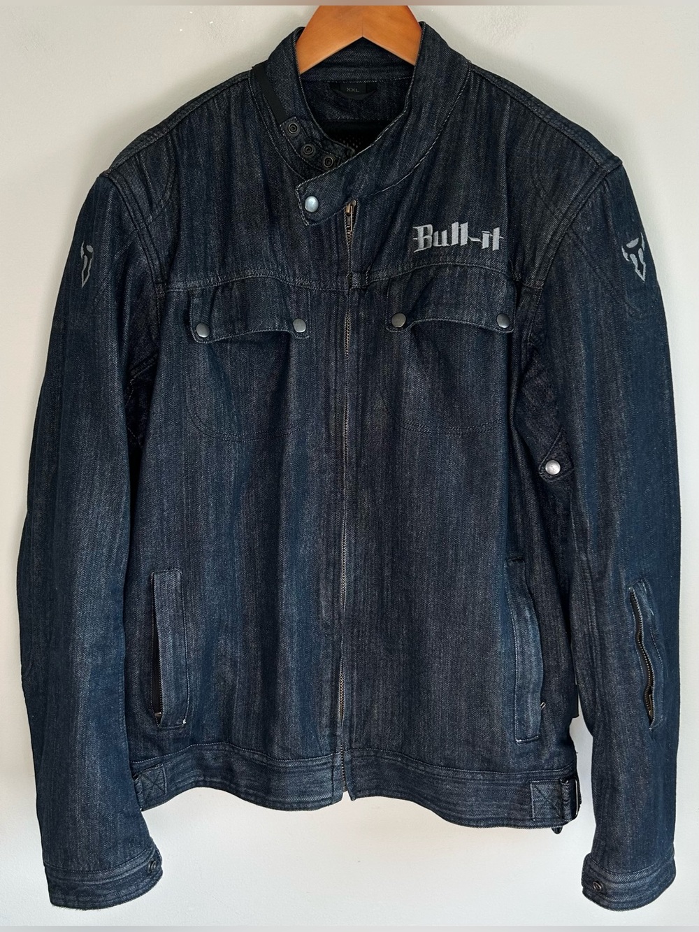 Bull-It Men’s Dark Wash Denim Motorcycle Jacket XXL Protective Covec Zip Pockets